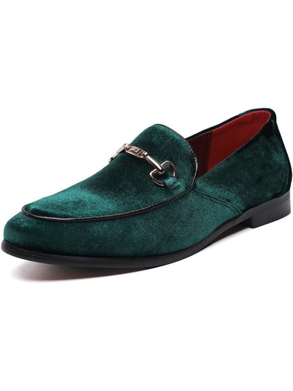 LCQL Men's Green Leather Velvet Loafer Gold Buckle Slip On Comfortable Shoes